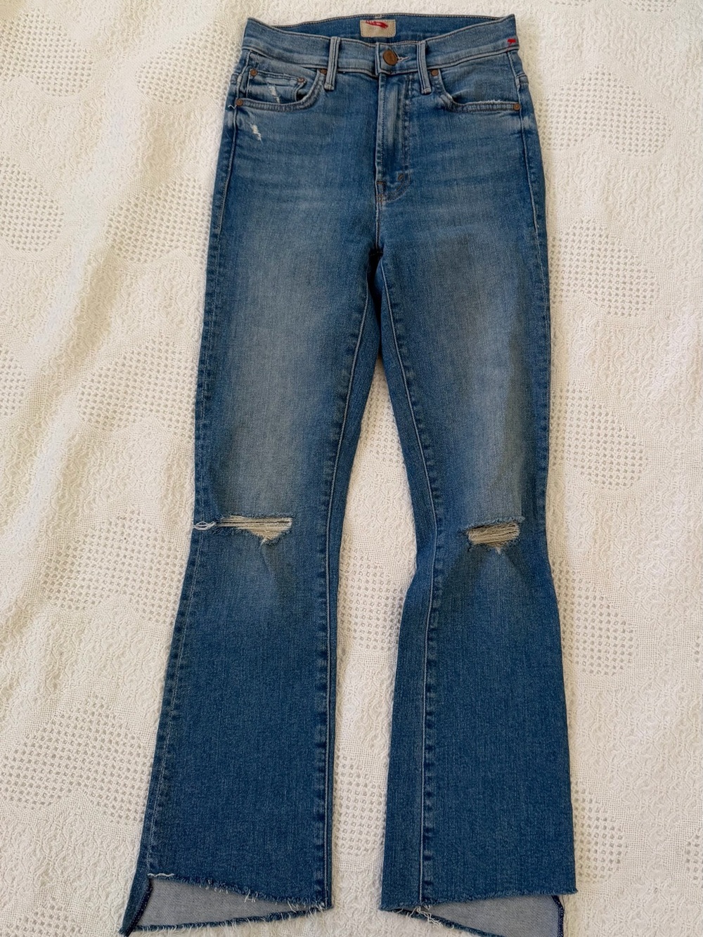 MOTHER Blue Distressed Flared Jeans